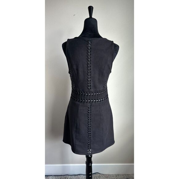 H&M Women's Cut Faux Suede Black Open Detail Cut Out Crew Neck Tank Dress Size 8 - Picture 2 of 8